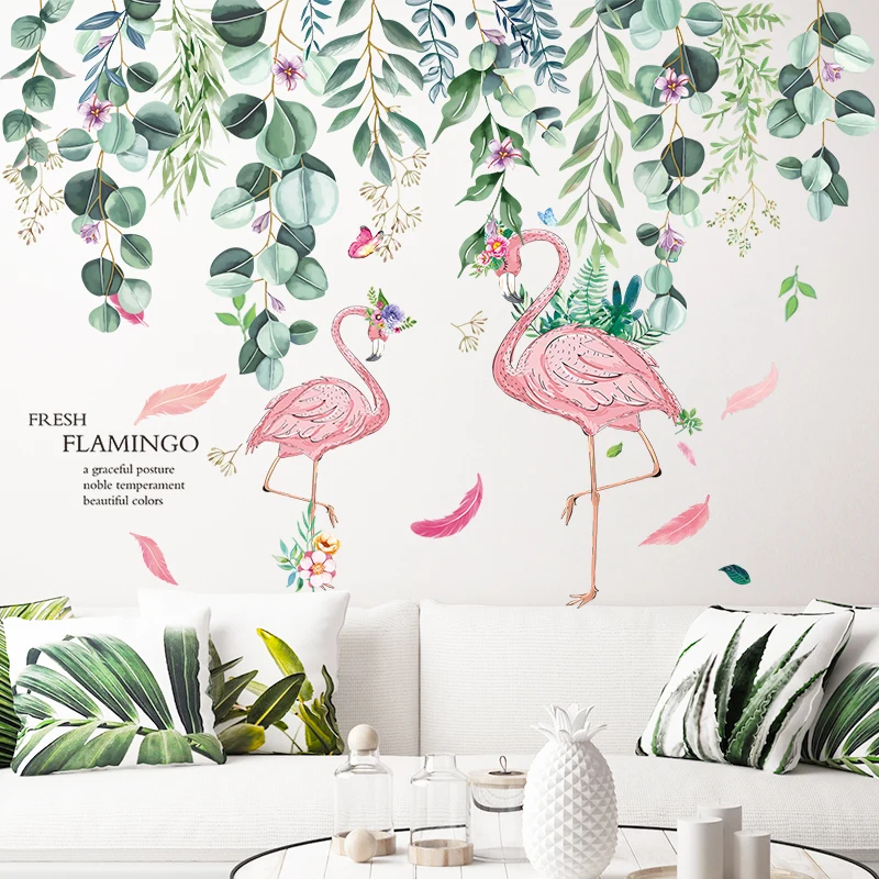 

Pink Flamingo Animal Wall Stickers DIY Green Leaves Mural Decals for Kids Rooms Baby Bedroom Children Nursery Home Decoration