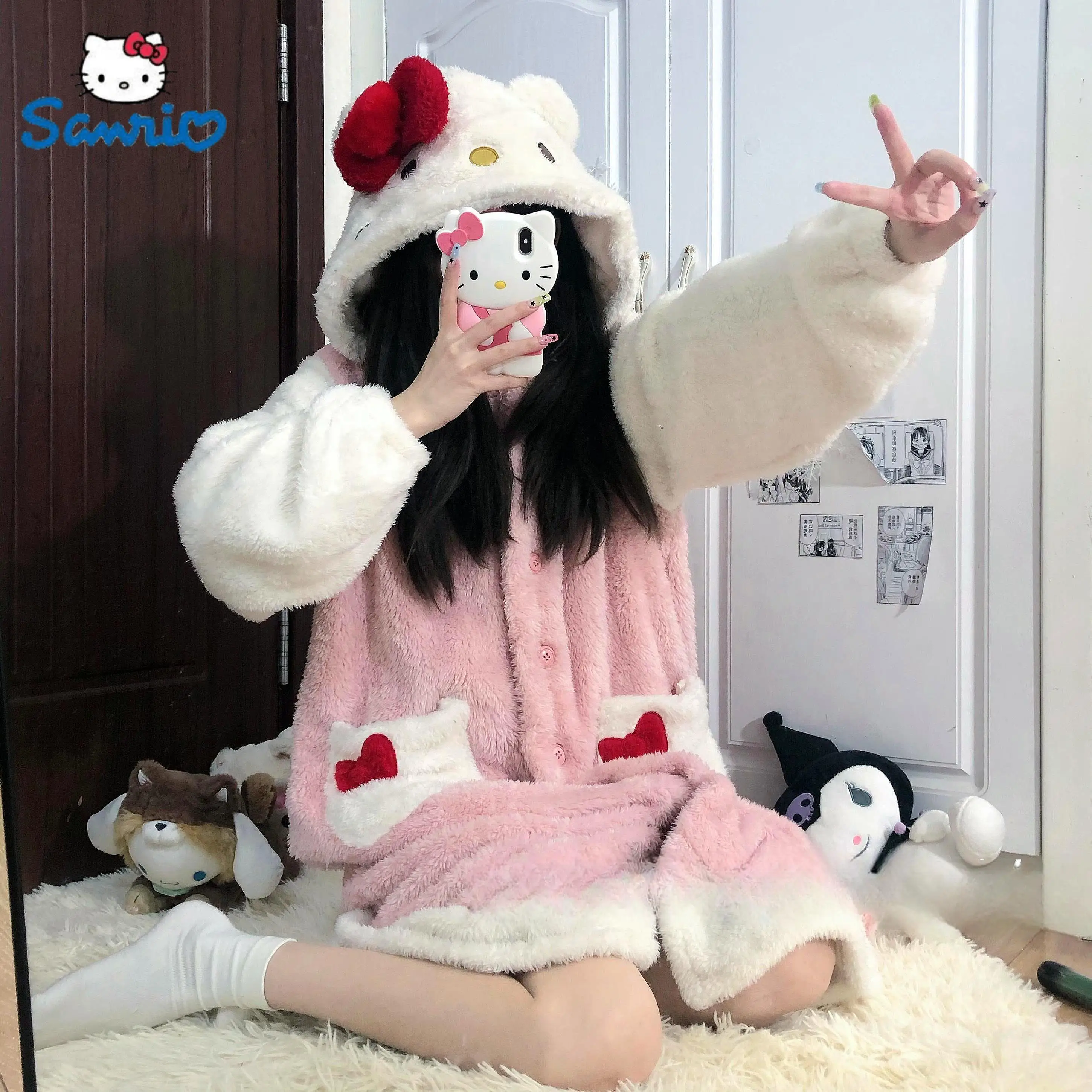 

Hello Kitty Kawaii Sanrio Cute Bow Furry Pajamas Autumn And Winter Sweet Girls Long Pajama Anime Plush Couple Loungewear Soft We