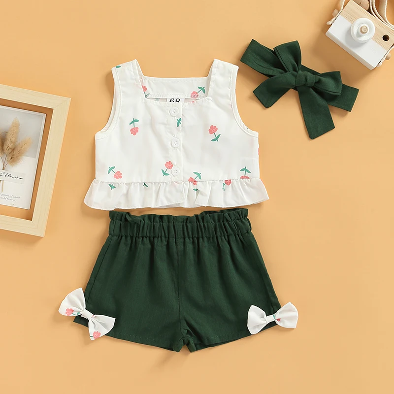 Infant Girls Three-piece Shorts Suit Floral Print Button-down Vest Shorts Knot Headdress 3pcs Outfits Baby Clothing
Infant Girls Three-piece Shorts Suit Floral Print Button-down Vest Shorts Knot Headdress 3pcs Outfits Baby Clothing