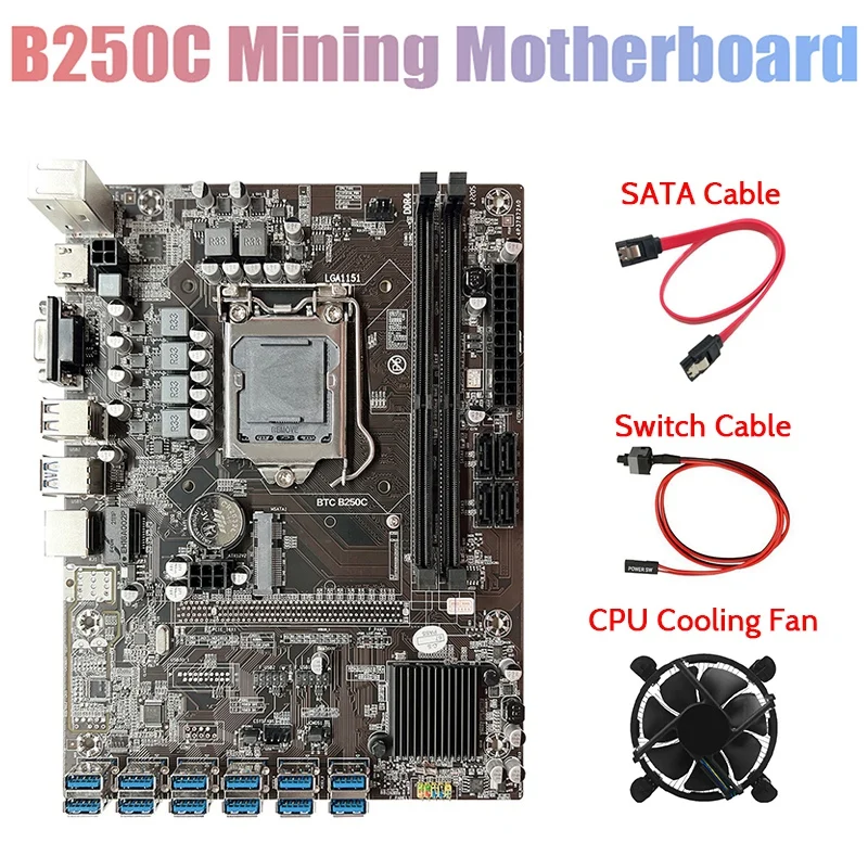 B250C BTC Mining Motherboard with G3930 CPU+Fan+SATA Cable+Switch Cable 12XPCIE to USB3.0 GPU Slot Support DDR4 DIMM RAM 
B250C BTC Mining Motherboard with G3930 CPU+Fan+SATA Cable+Switch Cable 12XPCIE to USB3.0 GPU Slot Support DDR4 DIMM RAM