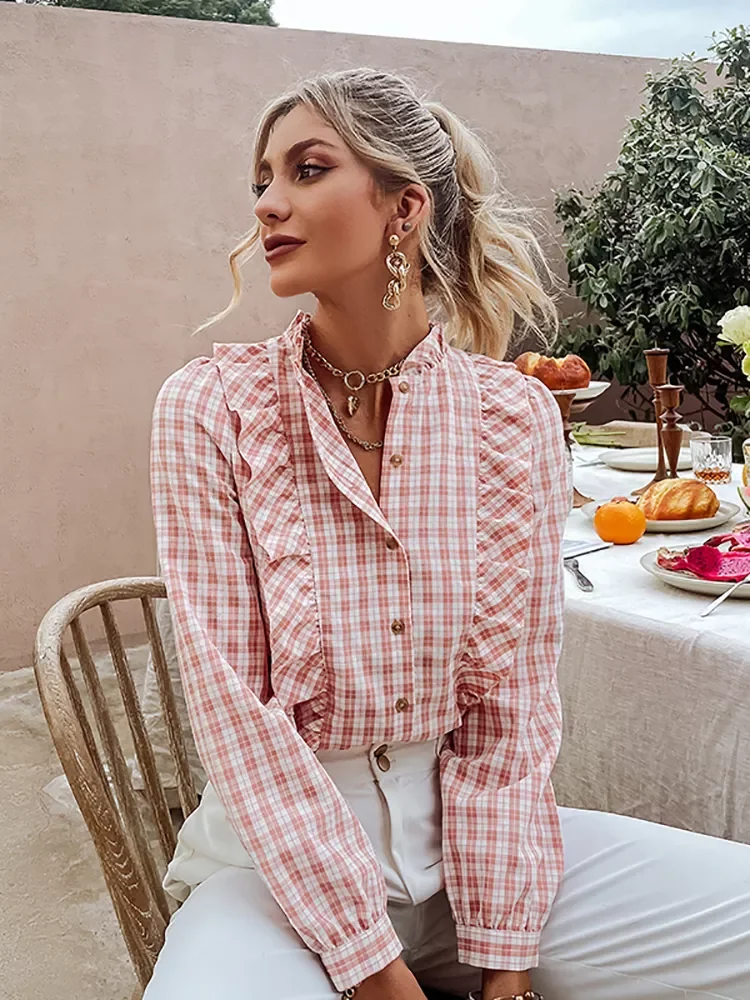 New in 2022 Holiday plaid summer blouse shirt light pink Idyllic style ruffle female shirts Stand collar long sleeve women'
New in 2022 Holiday plaid summer blouse shirt light pink Idyllic style ruffle female shirts Stand collar long sleeve women'