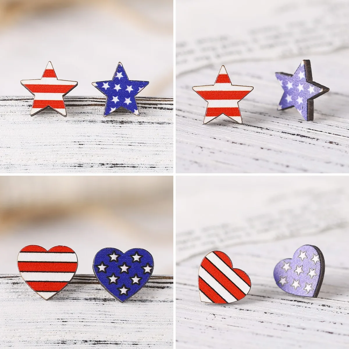 Hot US Flag Color Matching Heart Shaped Five Point Star Red and White Striped Wood Earrings Independence Day Stud Earring Gift
Hot US Flag Color Matching Heart Shaped Five Point Star Red and White Striped Wood Earrings Independence Day Stud Earring Gift