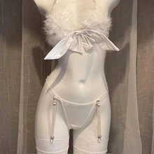 Sexy Feather Elegant Women Bra Set Underwear Cat Girl Role Play Lingerie Maid Cosplay Costume Halter Bra Mesh Garter Belt Suit