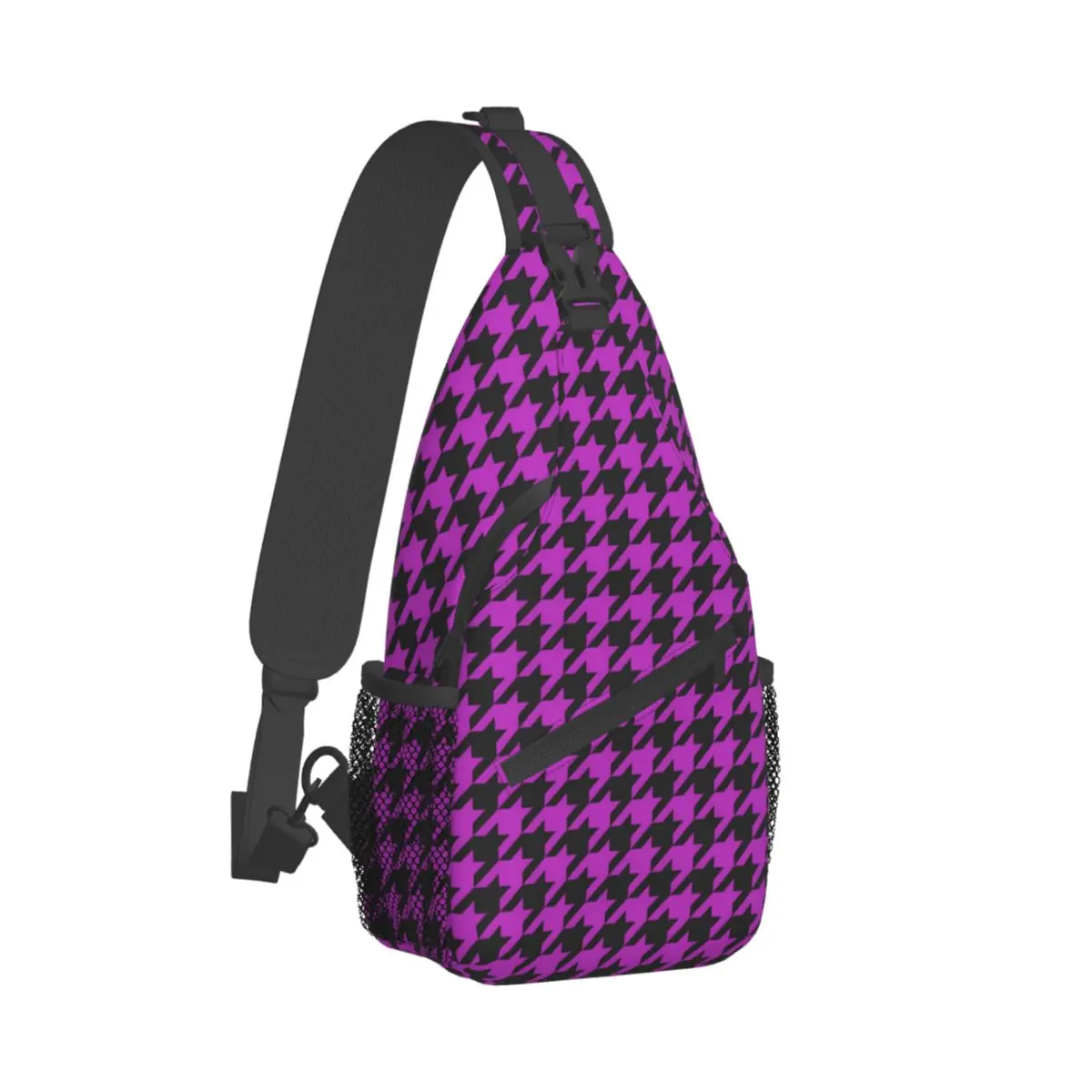 

Houndstooth Check Shoulder Bags Purple And Black Retro Chest Bag Men School Travel Sling Bag Fishing Custom Crossbody Bags