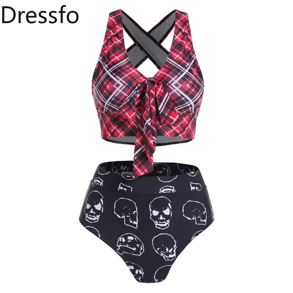 

Dressfo Plaid Skull Print Tummy Control Bikini Swimsuit Bowknot Crossover High Waist Shorts Tankini Bathing Suit Swimwear Women