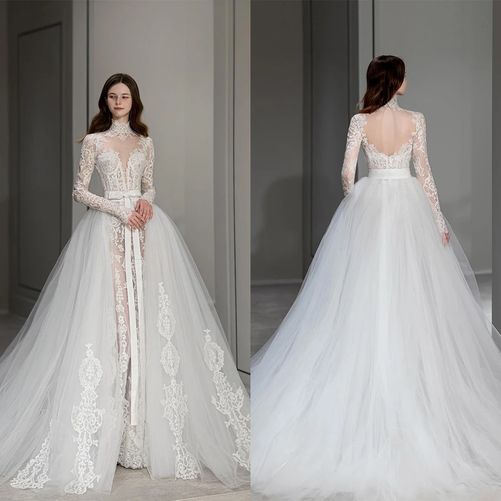 Gorgeous Wedding Dresses High Collar Long Sleeves Bridal Gowns Lace Applique A Line Wedding Dress Custom Made Vestido De Novia
Gorgeous Wedding Dresses High Collar Long Sleeves Bridal Gowns Lace Applique A Line Wedding Dress Custom Made Vestido De Novia