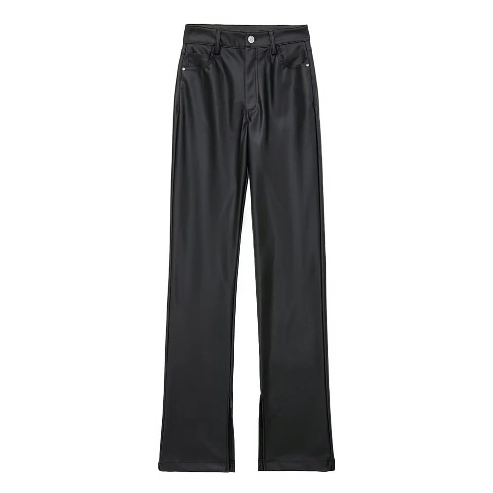 

Женские расклешенные брюки PB & ZA, черные облегающие брюки из искусственной кожи с разрезом, осень 2022