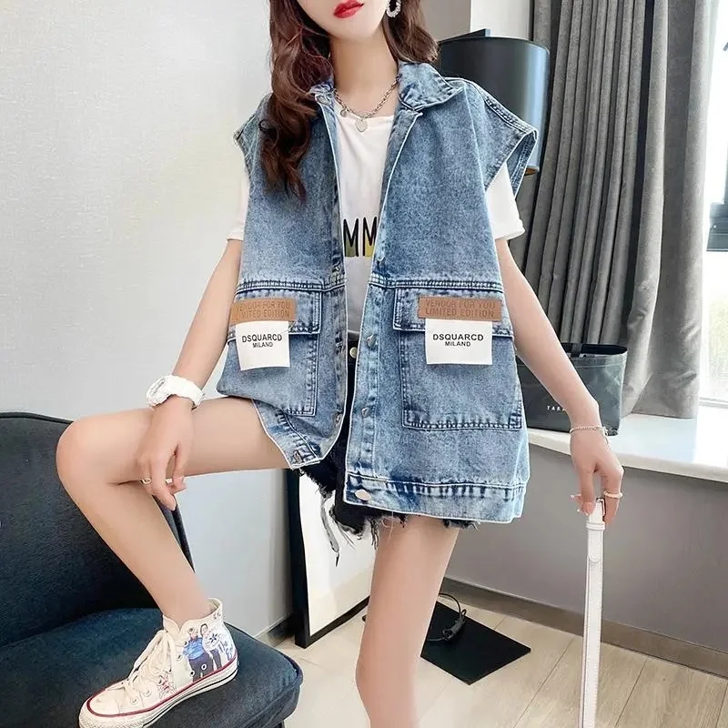 

Denim Vest Coat Women Waistcoat Trend Loose Korean Spring Autumn Jeans Versatile Vests Cardigan Denim Jacket Veste Femme Jaqueta