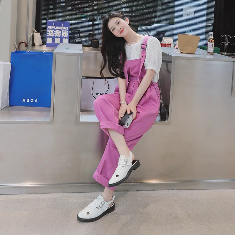 

Women Pocket Jumpsuits Spring Summer Ankle-length Solid Loose Romper Students Harajuku BF All-match Wide-leg Overalls Streetwear