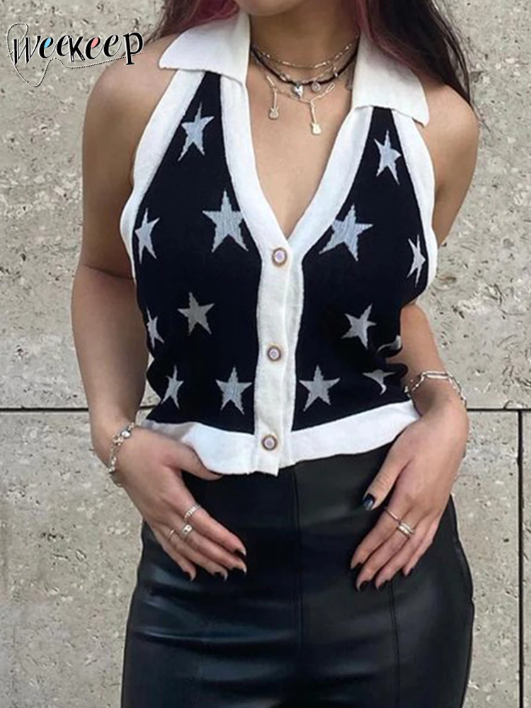 Женский трикотажный жилет с открытой спиной, с принтом звезд 
Женский трикотажный жилет с открытой спиной, с принтом звезд