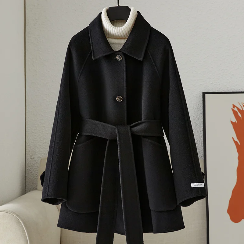 

Двустороннее кашемировое пальто, женское короткое осенне-зимнее Новое высококачественное шерстяное пальто на шнуровке из 100-ной шерсти