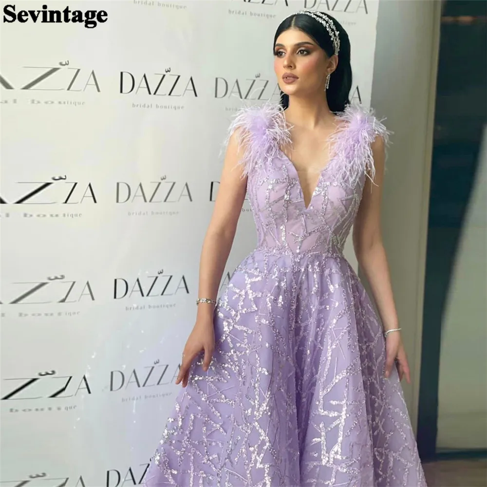 

Sevintage Noble Lavender Saudi Arabic Prom Gowns Feathers Deep V-Neck Sequined Ruched Party Dresses Women Evening Gowns Outfits