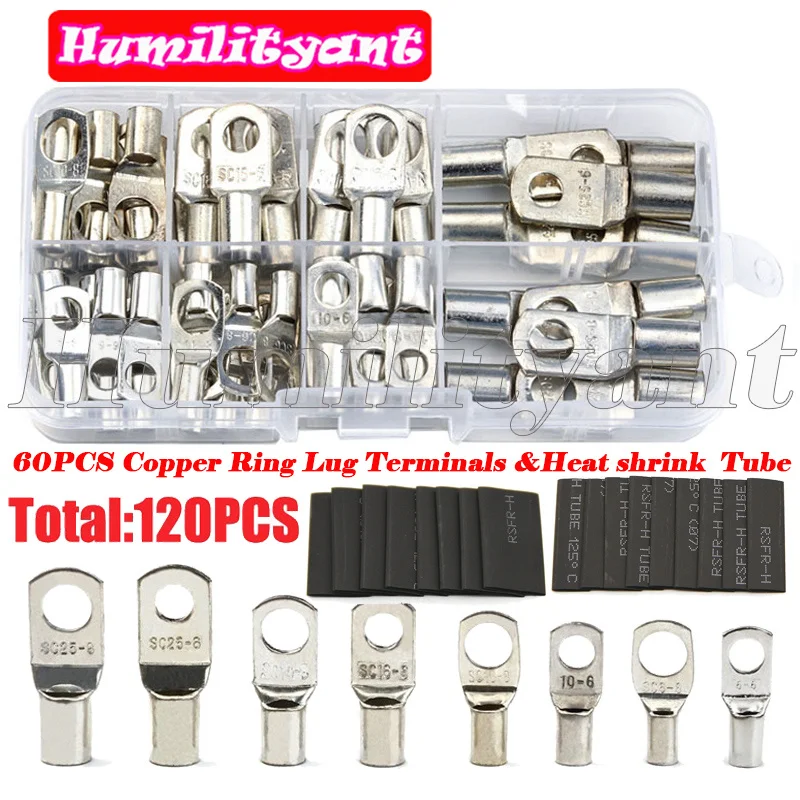 

60PCS Copper Ring Terminal Wire Crimp Connector Bare Terminals Soldered Connectors Assortment Kit with 60Pcs Heat Shrink Tube