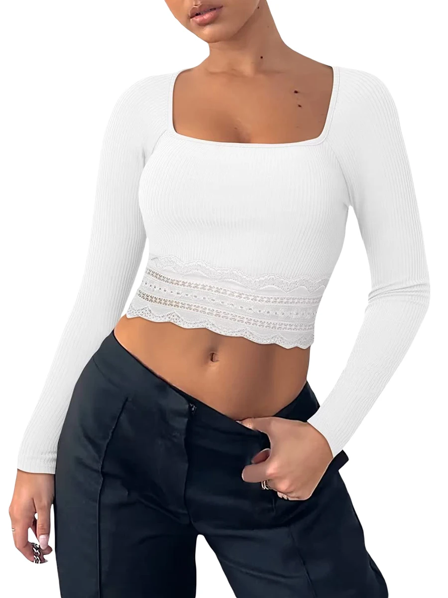 Women Ribbed Crop Tops Lace Patchwork Square Neck Long Sleeve Shirt for Club Streetwear Y2k Aesthetic Grunge Clothes
Women Ribbed Crop Tops Lace Patchwork Square Neck Long Sleeve Shirt for Club Streetwear Y2k Aesthetic Grunge Clothes