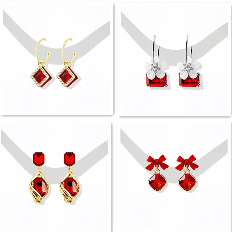 

Red Gem Shaped Light Luxury Delicate Women's Earrings Crystal Geometric Premium Jewelry Suitable for Men and Women Gift Parties
