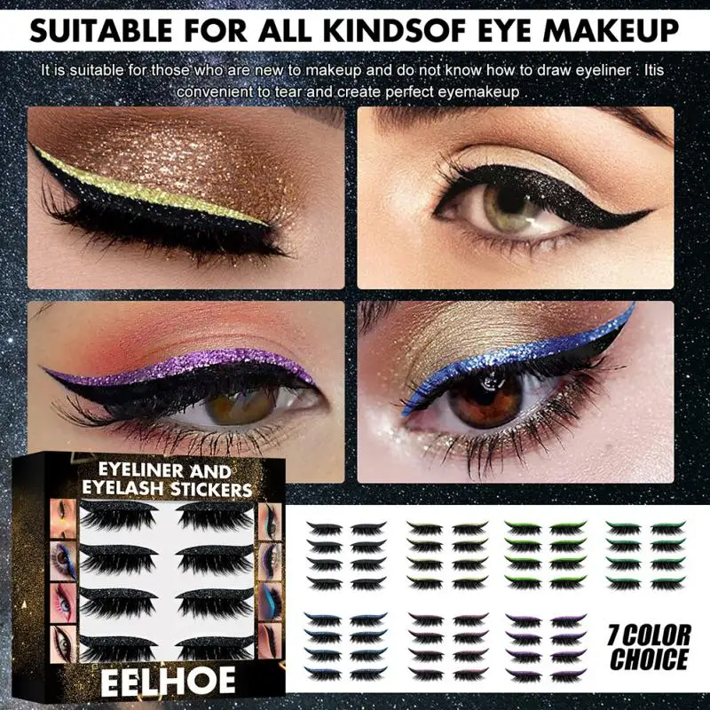 

3in1 EELHOE 4pairs Self-adhesive False Eyelashes Eye Shadow Eyeliner Glue-free Stickers Individual Glitter Eyeliner Eyelash