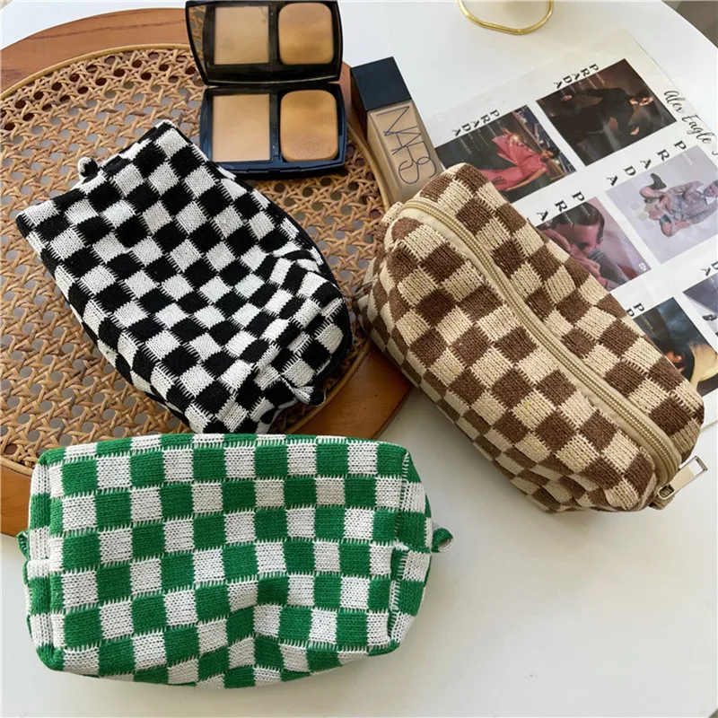 

Checkerboard Lattice Makeup Bag Knitted Fabric Women Cosmetic Organizer Zipper Beauty Pouch Wrist Make Up Pouch Toiletry Case