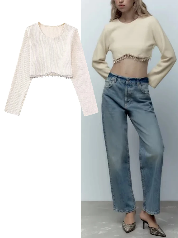 TRAF Beige Crop Top Knitted Pullover Women Sweater Hem Jewelry Setting Long Sleeve Streetwear Sexy Woman Tops
TRAF Beige Crop Top Knitted Pullover Women Sweater Hem Jewelry Setting Long Sleeve Streetwear Sexy Woman Tops