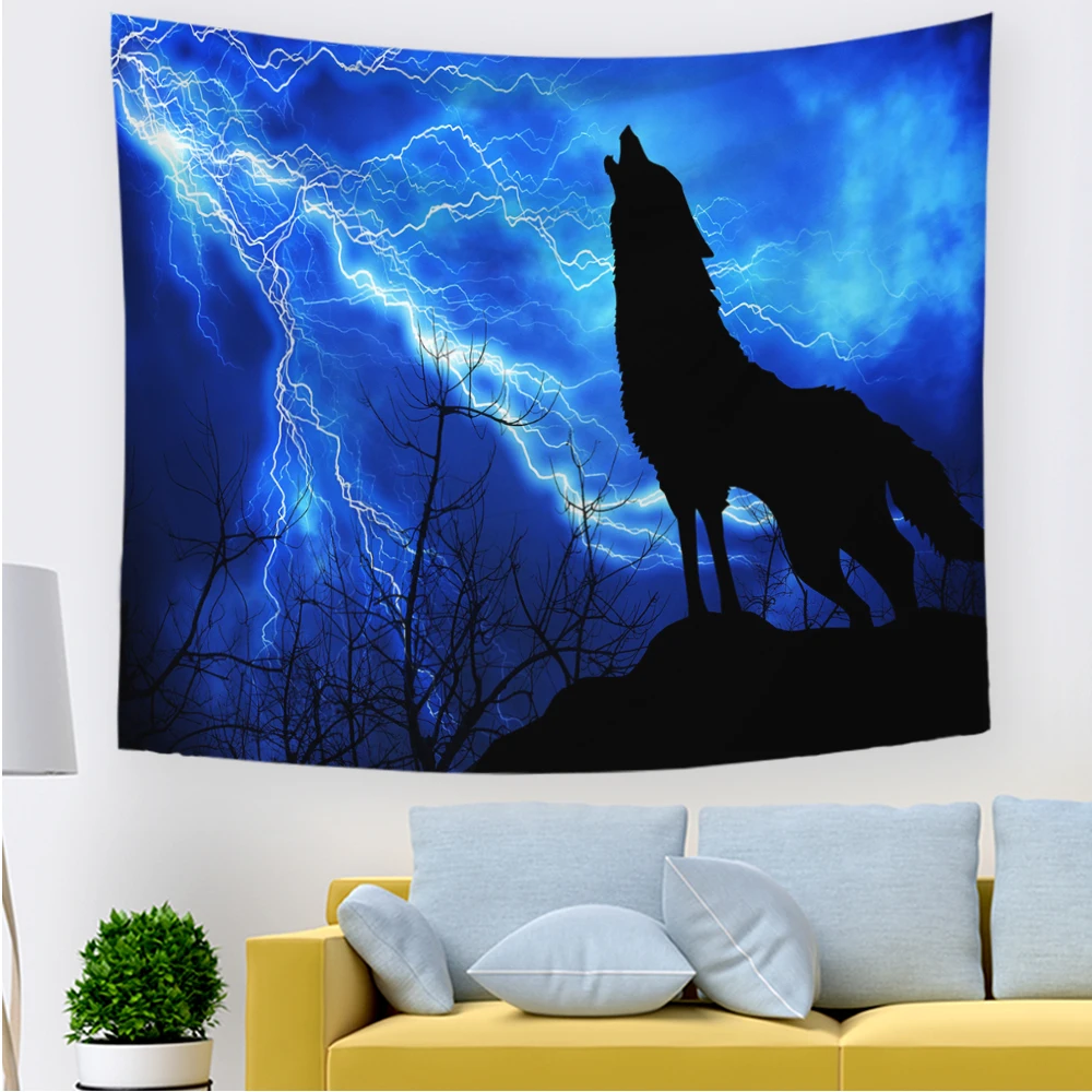 

Wolf Tapestry Wall Hanging Wild Animal Mountain Forest Tapestry Blue Psychedelic Starry Sky For Bedroom Living Room Dorm Decor