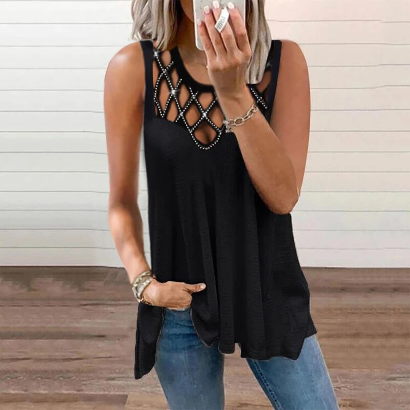 Fashion Women Summer Vest T-Shirt Loose Sleeveless Solid Color Hollow Out Hot Drilling Tank Tops
Fashion Women Summer Vest T-Shirt Loose Sleeveless Solid Color Hollow Out Hot Drilling Tank Tops