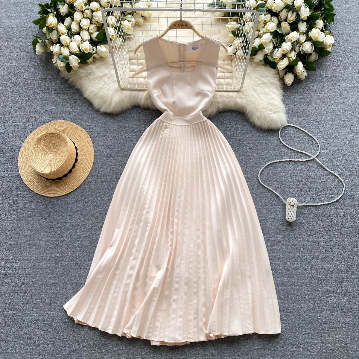 Summer Elegant Party Dress for Women Tank Pleated Fit and Flare Midi Female Vestidos Beige Evening Prom Dresses Runway New In
Summer Elegant Party Dress for Women Tank Pleated Fit and Flare Midi Female Vestidos Beige Evening Prom Dresses Runway New In
