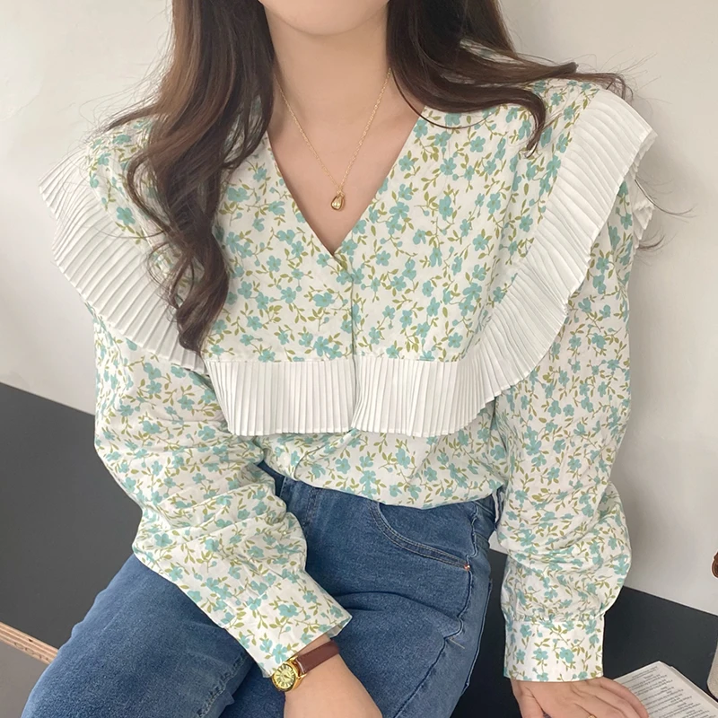 Vintage Women Spring Floral Blouses Korean Style Loose V-neck Long Sleeve Ruffle Patchwork Shirt Elegant Casual Blusas Mujer 
Vintage Women Spring Floral Blouses Korean Style Loose V-neck Long Sleeve Ruffle Patchwork Shirt Elegant Casual Blusas Mujer