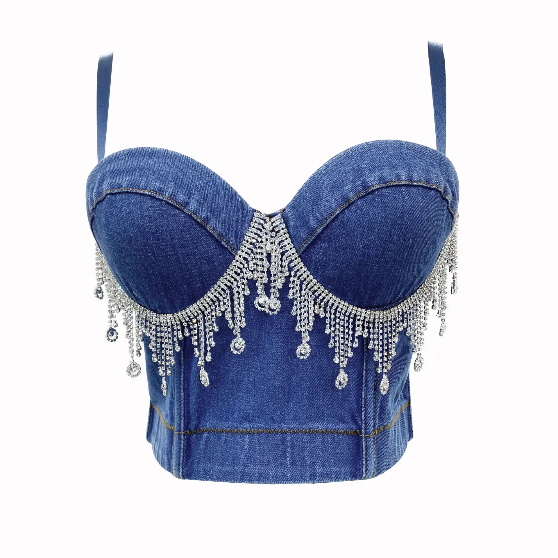 denim suspenders beaded crystal tassels supported tight bra for club dance
denim suspenders beaded crystal tassels supported tight bra for club dance