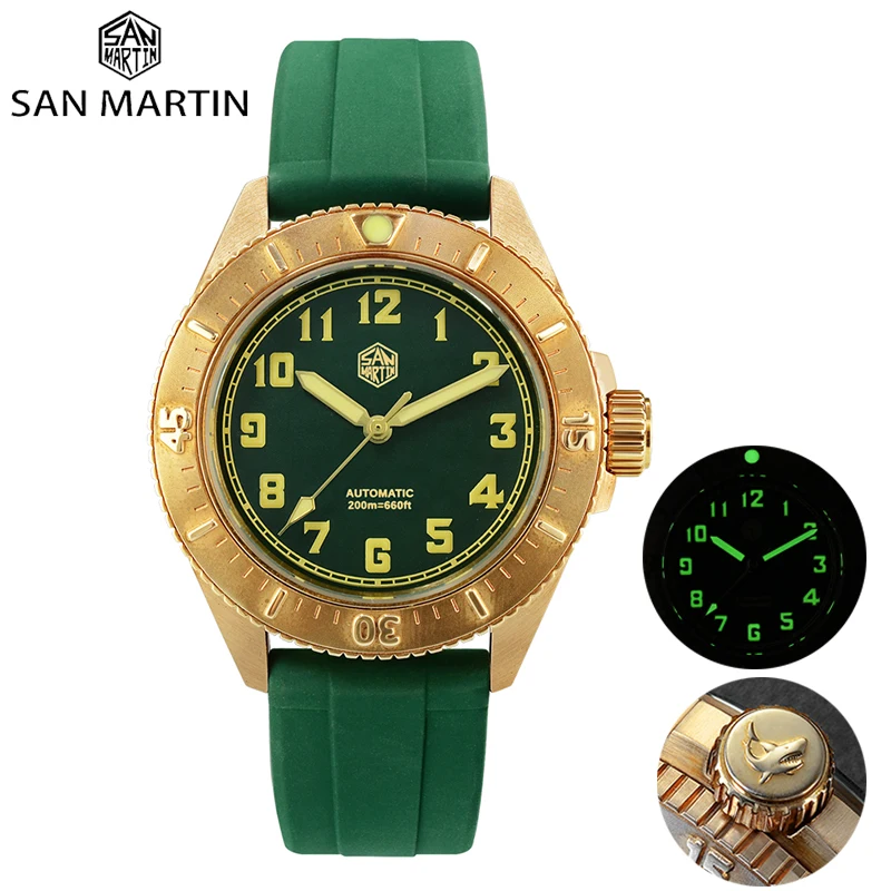 San Martin Men Automatic Watch 3D Shark Crown Sapphire Luminous 200M Waterproof Dive PT5000/SW200 Mechanical Bronze Wristwatch
San Martin Men Automatic Watch 3D Shark Crown Sapphire Luminous 200M Waterproof Dive PT5000/SW200 Mechanical Bronze Wristwatch