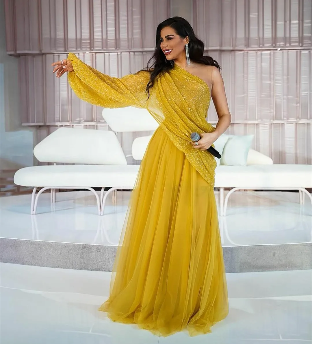 Classic Long Yellow Evening Dresses A-Line One Shoulder Tulle Floor Length Muslim Abendkleider Robes de Soirée for Women
Classic Long Yellow Evening Dresses A-Line One Shoulder Tulle Floor Length Muslim Abendkleider Robes de Soirée for Women