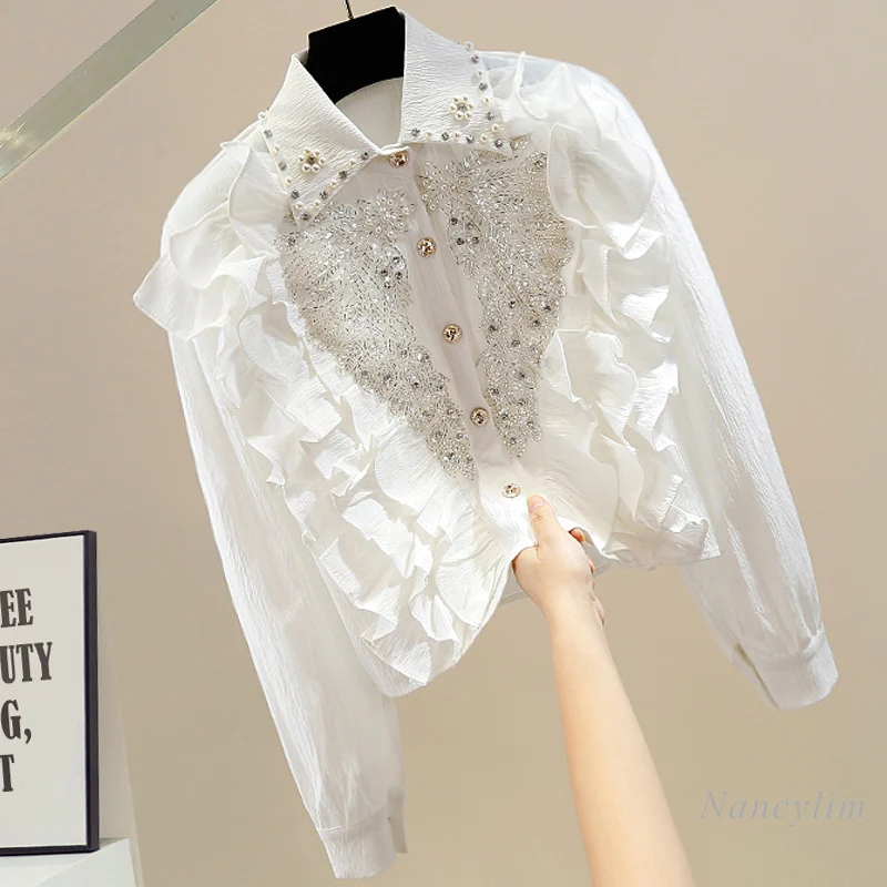 Women's Beads Crystal-Studded Sequins Design Sweet Pleated Ruffles Lacework Stitching Single-Breasted Short All-Match Shirt Tops
Women's Beads Crystal-Studded Sequins Design Sweet Pleated Ruffles Lacework Stitching Single-Breasted Short All-Match Shirt Tops