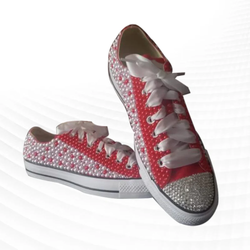 

Красные холщовые туфли с низким верхом и жемчугом, обувь с вулканизированной подошвой ручной работы, удобная прогулочная обувь 35-46
