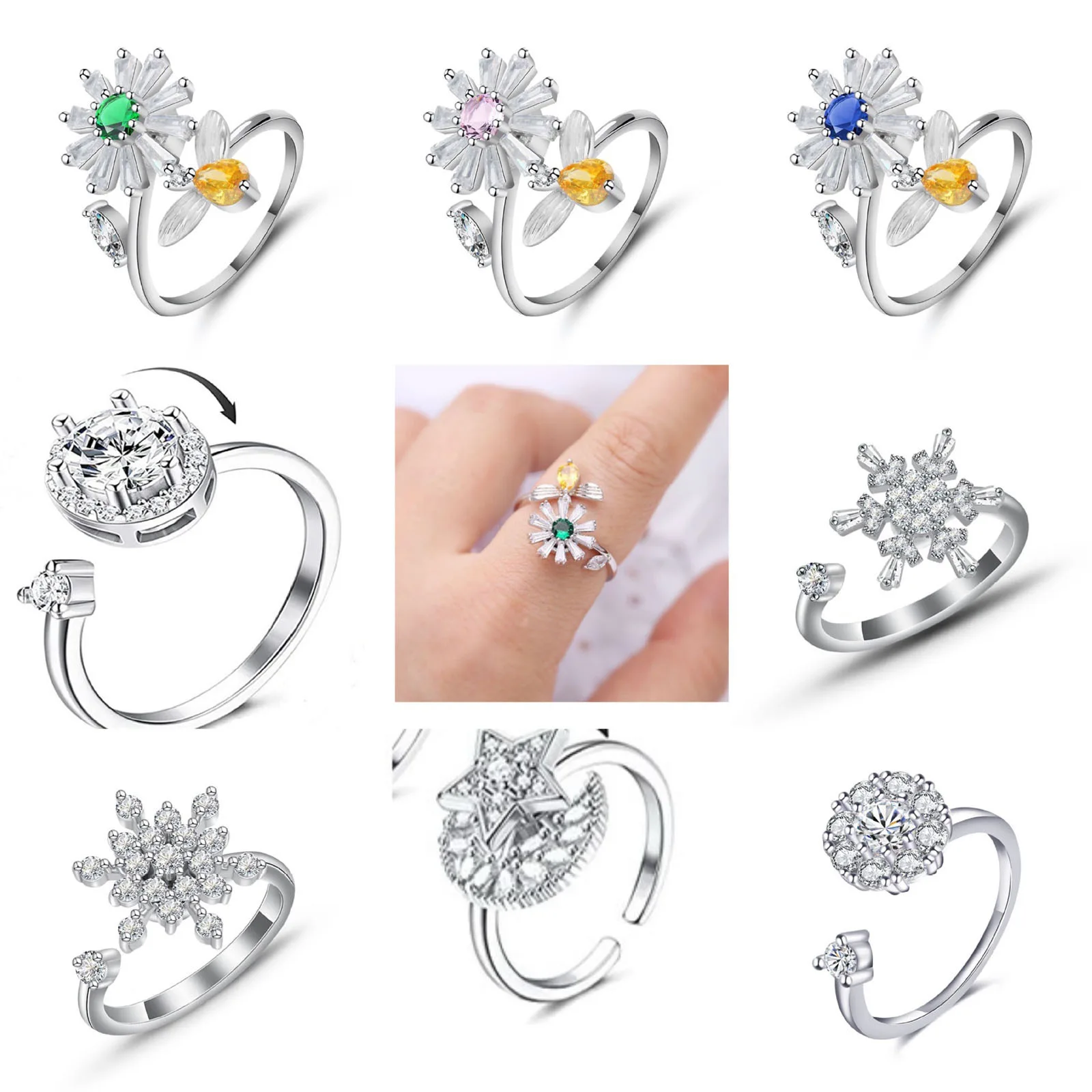 Exquisite Women Open Adjustable Rings Multicolor Rotatable Flower Rhinestone Women Fashion Korea Finger Tail Rings Jewelry Gifts
Exquisite Women Open Adjustable Rings Multicolor Rotatable Flower Rhinestone Women Fashion Korea Finger Tail Rings Jewelry Gifts