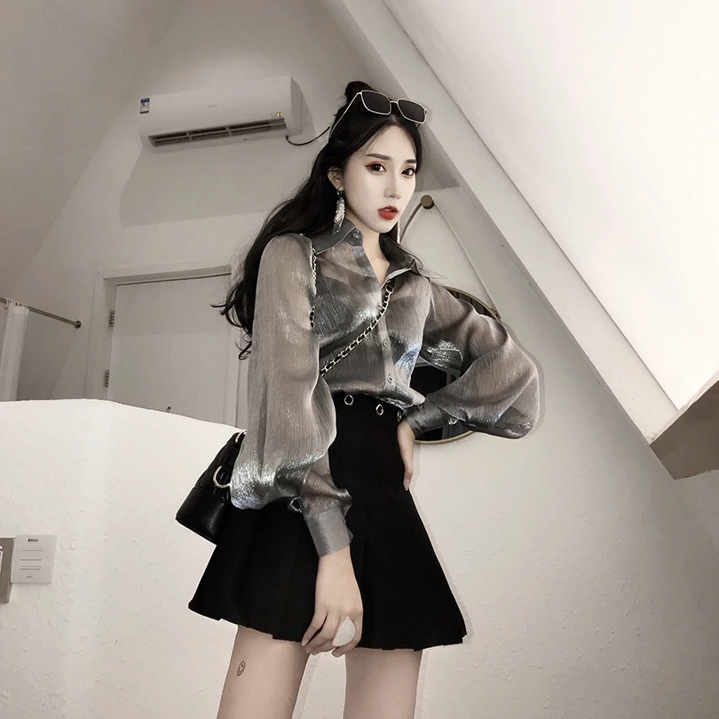 Spring New Silver grey transparent Long sleeve Shirts Women All-match Fashion Tops Female Chic Loose Blouses Cardigan Clothing
Spring New Silver grey transparent Long sleeve Shirts Women All-match Fashion Tops Female Chic Loose Blouses Cardigan Clothing