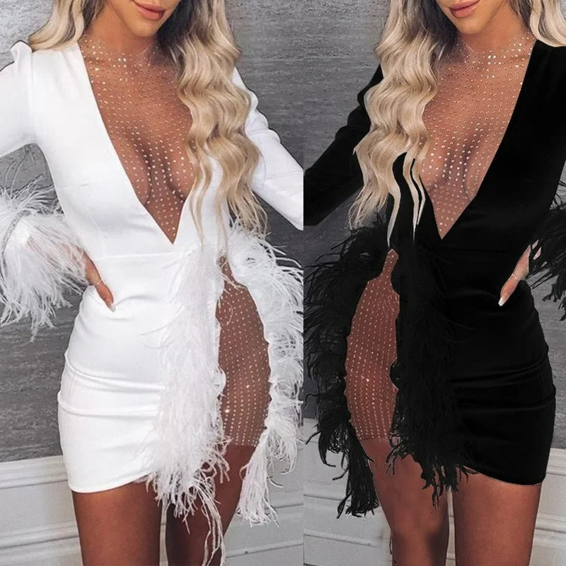 Women's Vintage Dress New Round Neck Bodycon Dress Mesh Splicing Feather Decoration Slim Fitting Dress Vestidos Femininos
Women's Vintage Dress New Round Neck Bodycon Dress Mesh Splicing Feather Decoration Slim Fitting Dress Vestidos Femininos