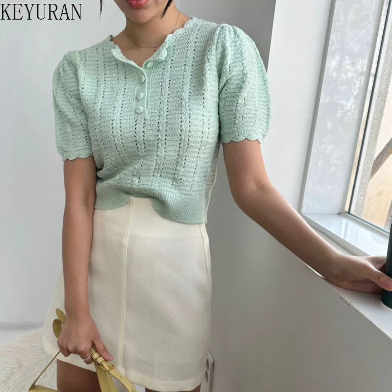 2023 Summer Korean Chic Ruff Short Sleeve Sweater Women Knit T-shirt Fashion O-Neck Pullover Knitwear Crop Tops Female Jumper
2023 Summer Korean Chic Ruff Short Sleeve Sweater Women Knit T-shirt Fashion O-Neck Pullover Knitwear Crop Tops Female Jumper