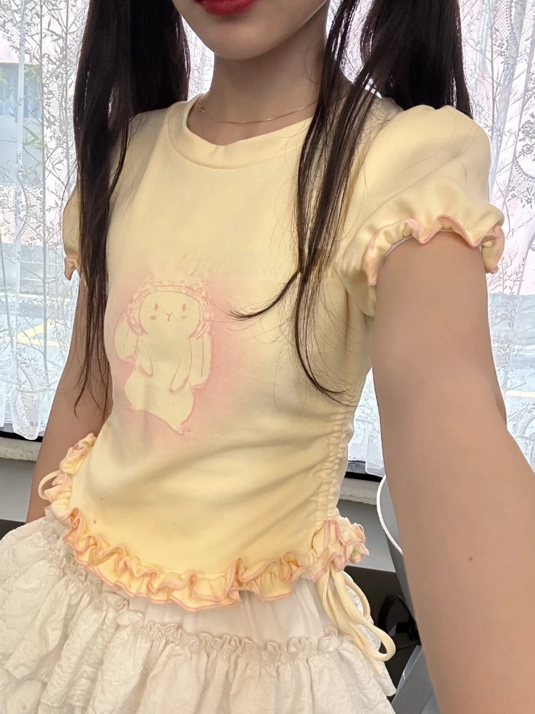 Deeptown Y2k Aesthetic Rabbit Print Crop T-shirts Women Sweet Kawaii Cute Ruched Short Sleeve Tee Japanese Style Drawstring Tops
Deeptown Y2k Aesthetic Rabbit Print Crop T-shirts Women Sweet Kawaii Cute Ruched Short Sleeve Tee Japanese Style Drawstring Tops