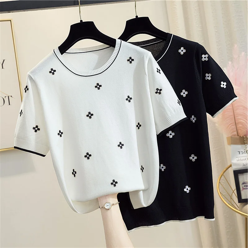 Hot sale Cotton T-shirt Women Summer New O-neck Pullover Flower Knitwear Oversized Casual Sweater Short-sleeved Sueters De Mujer
Hot sale Cotton T-shirt Women Summer New O-neck Pullover Flower Knitwear Oversized Casual Sweater Short-sleeved Sueters De Mujer