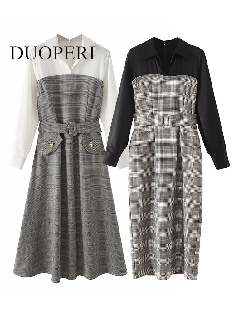 DUOPERI Women Fashion With Belt Plaid Patchwork Back Zipper Midi Dress Vintage Lape Neck Long Sleeves Female Chic Lady Dresses
DUOPERI Women Fashion With Belt Plaid Patchwork Back Zipper Midi Dress Vintage Lape Neck Long Sleeves Female Chic Lady Dresses