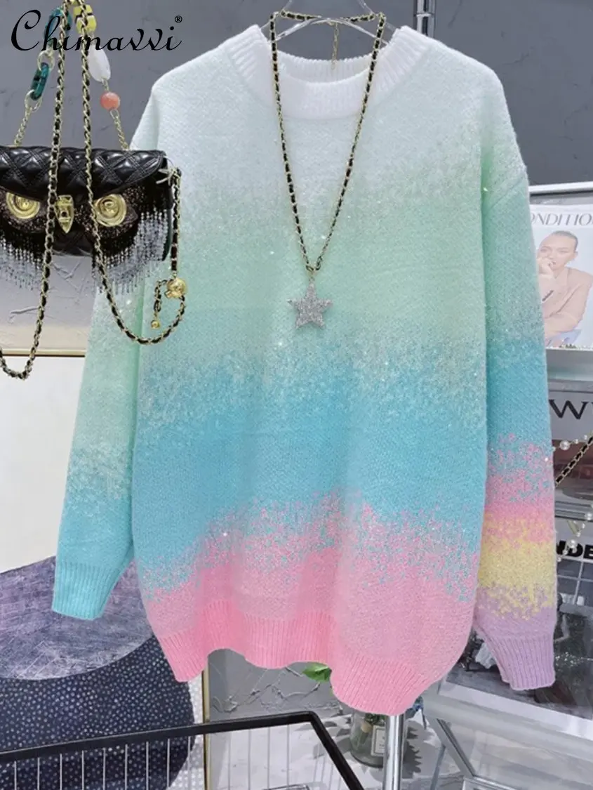 Rainbow Striped Blooming Rhinestone Design Loose Sweater Female 2022 Autumn and Winter New Temperament Pullover Knitted Top
Rainbow Striped Blooming Rhinestone Design Loose Sweater Female 2022 Autumn and Winter New Temperament Pullover Knitted Top