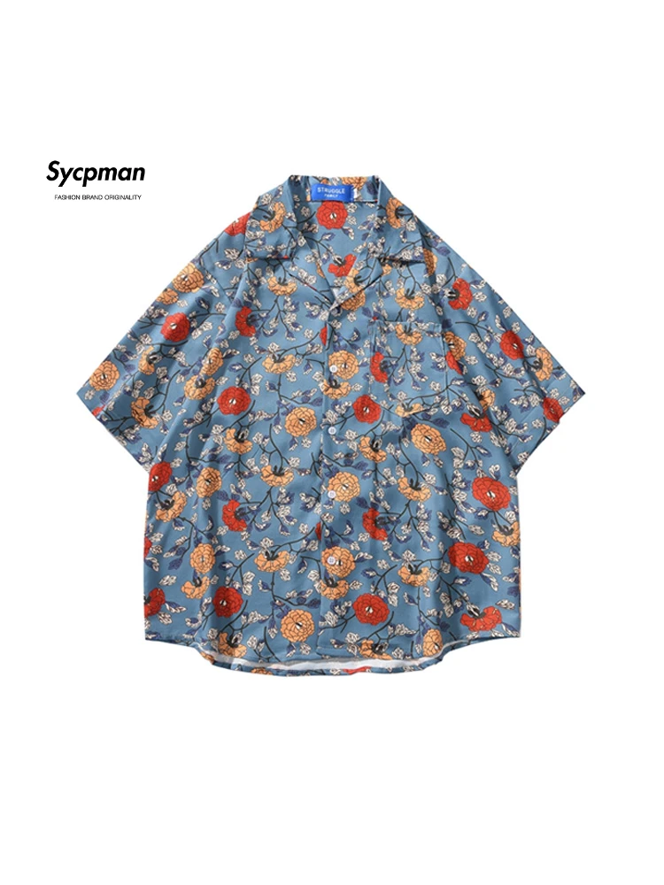 

Рубашка Sycpman мужская с коротким рукавом, винтажная пляжная сорочка из кубинской ткани с цветочным принтом, свободного покроя, В гавайском стиле, на лето