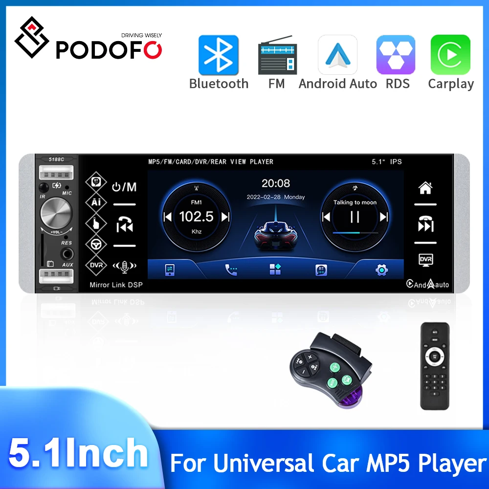 Автомагнитола Podofo 1din Универсальная с сенсорным HD-экраном 5,1 дюйма, голосовым помощником, MP5, мультимедийным видеоплеером, магнитофоном, AUX, DVR...
Автомагнитола Podofo 1din Универсальная с сенсорным HD-экраном 5,1 дюйма, голосовым помощником, MP5, мультимедийным видеоплеером, магнитофоном, AUX, DVR...