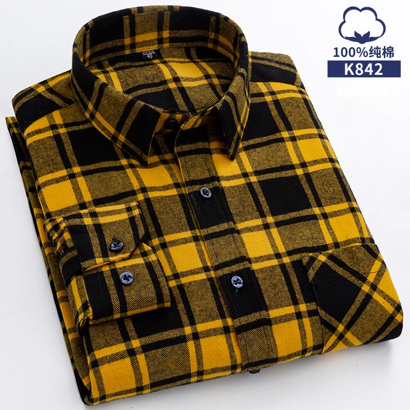 

Men's Fashion Brushed Flannel Plaid Button-down Shirts Single Patch Pocket Long Sleeve Standard-fit Thick Gingham Casual Shirt