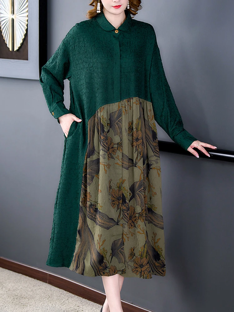 

Женское шелковое платье-миди составного кроя, зеленое платье с цветочным принтом, длинным рукавом и воротником-поло, свободное платье, корейское винтажное элегантное праздничное платье, осень 2023