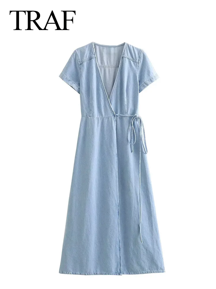 TRAF Women Fashion Dresses Solid Sky Blue V Neck Short Sleeve A Line With Belt Midi Elegant Casual Streetwear Mujer Vestidos
TRAF Women Fashion Dresses Solid Sky Blue V Neck Short Sleeve A Line With Belt Midi Elegant Casual Streetwear Mujer Vestidos
