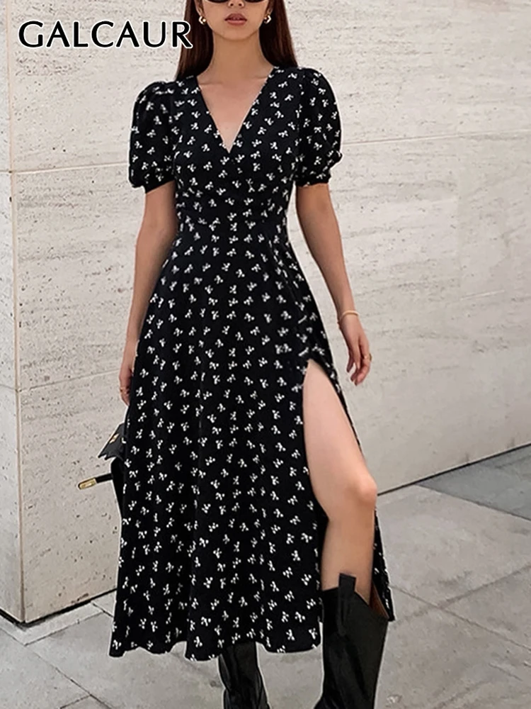 GALCAUR Split Thigh Slim Dresses For Women V Neck Puff Sleeve High Waist Hit Color Bow Printing A Line Summer Dress Female 2023
GALCAUR Split Thigh Slim Dresses For Women V Neck Puff Sleeve High Waist Hit Color Bow Printing A Line Summer Dress Female 2023
