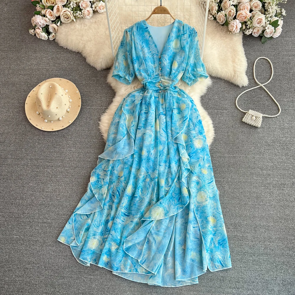 VANOVICH Luxurious Temperament Short-sleeved V-neck Waist Slim Printed Ruffled A-line Dress Summer New Fashion Thin Long Dress
VANOVICH Luxurious Temperament Short-sleeved V-neck Waist Slim Printed Ruffled A-line Dress Summer New Fashion Thin Long Dress