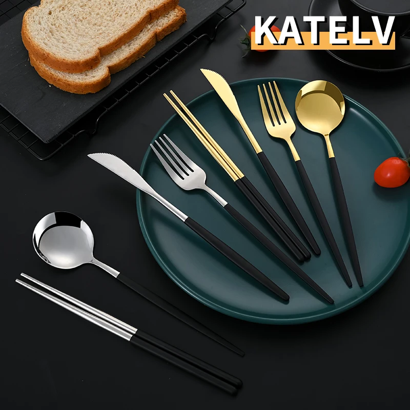 16 Pcs Black Gold Cutlery Set Chopsticks Knife Fork Spoon Golden Stainless Steel Korean Dinnerware Color matching Tableware Set
16 Pcs Black Gold Cutlery Set Chopsticks Knife Fork Spoon Golden Stainless Steel Korean Dinnerware Color matching Tableware Set