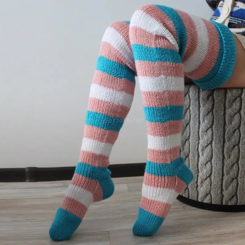 

New Women Vintage Colorful Striped Knitted Thigh High Tube Stockings Preppy Style Slouchy Over Knee Boot Socks Leg Warmers