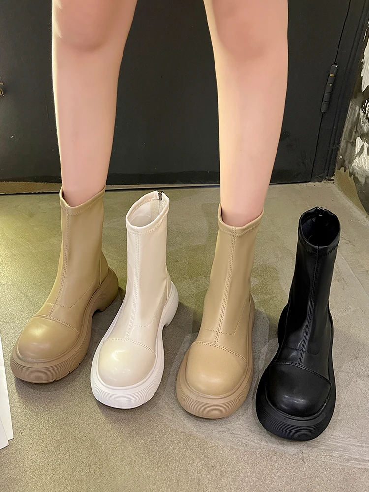

Boots Women New 2022 Shoes Zipper Flat Heel Round Toe Mid Calf Med Summer Rubber Autumn Mid-Calf Rock Lolita Ladies Rome Basic M
