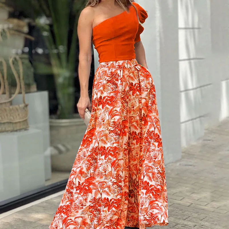 Sexy One Shoulder Puff Sleeve Top Printed Pant Suits Women Summer Fashion Wide Leg Trousers Two Piece Sets Lady High Streetwear
Sexy One Shoulder Puff Sleeve Top Printed Pant Suits Women Summer Fashion Wide Leg Trousers Two Piece Sets Lady High Streetwear